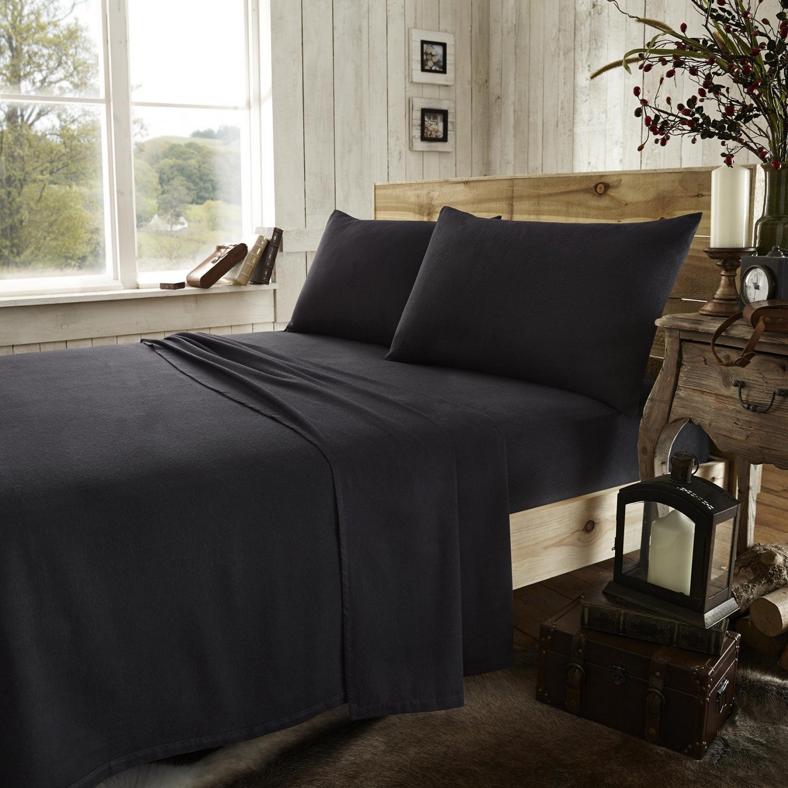 11093978 flannel plain sheet set single black 1 2