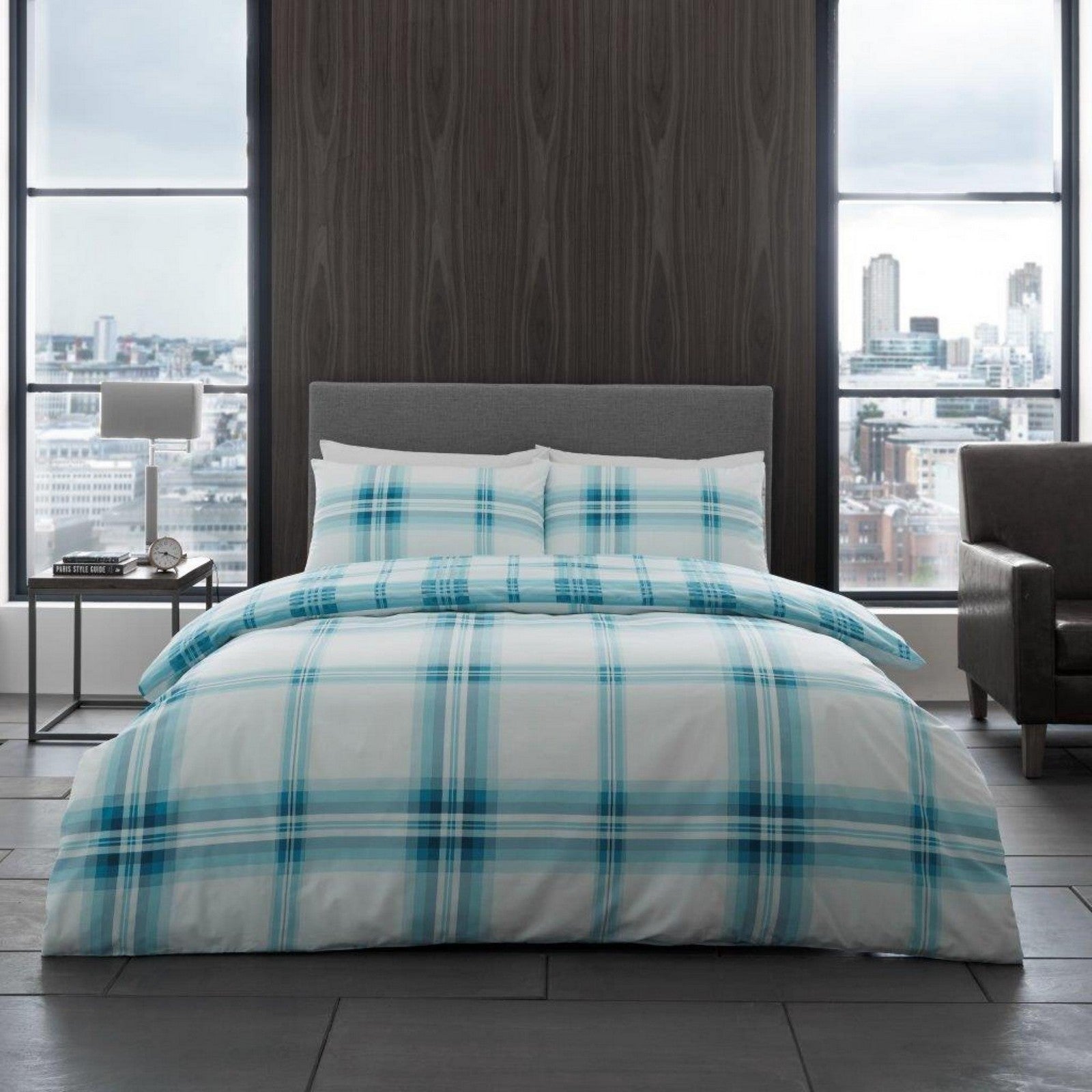 11165569 printed duvet set bardsley check single teal 1 1