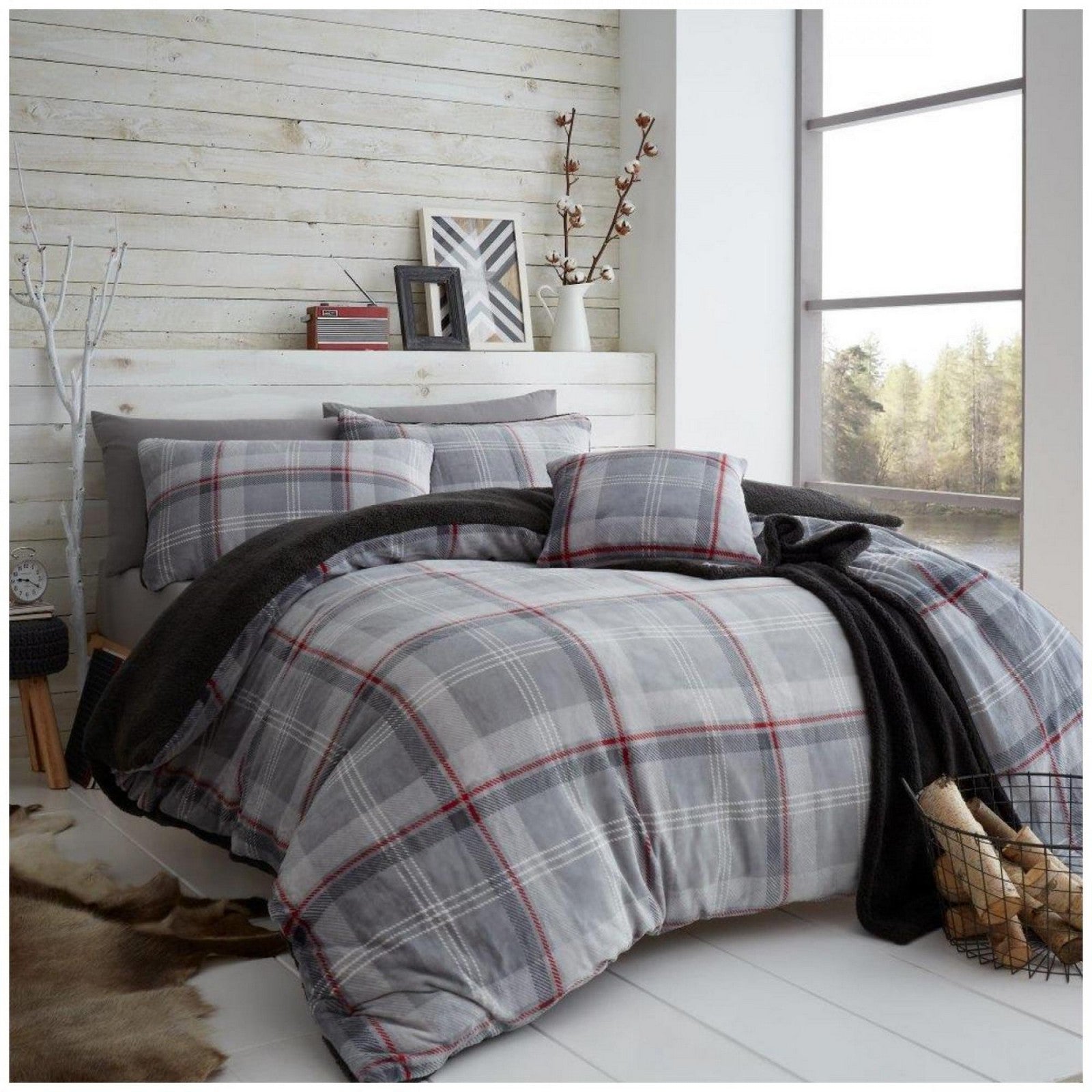 11366362 teddy duvet set lincoln check king grey red 1 1