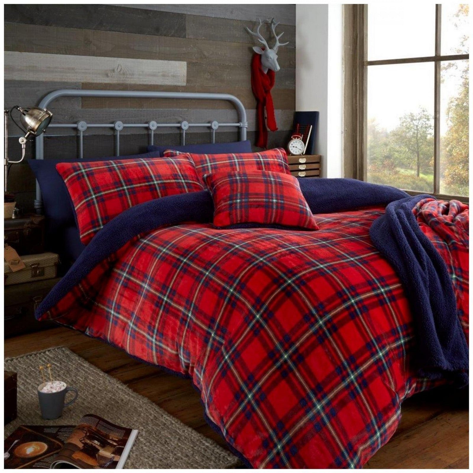 11366522 teddy duvet set highland check single red navy 1 1