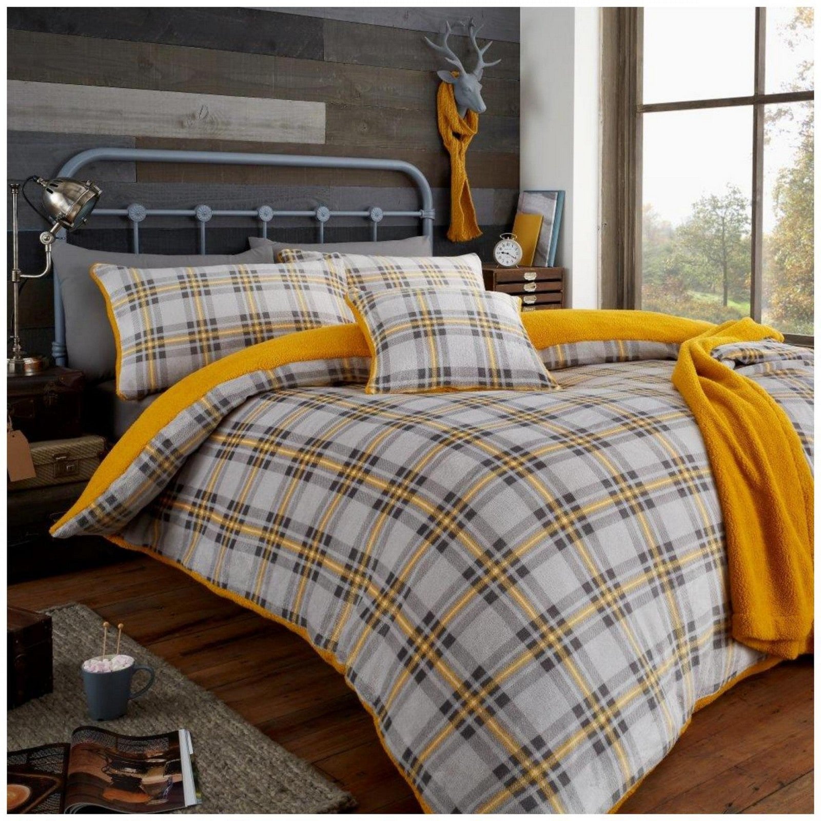 11369738 teddy duvet set highland check single grey ochre 1 1