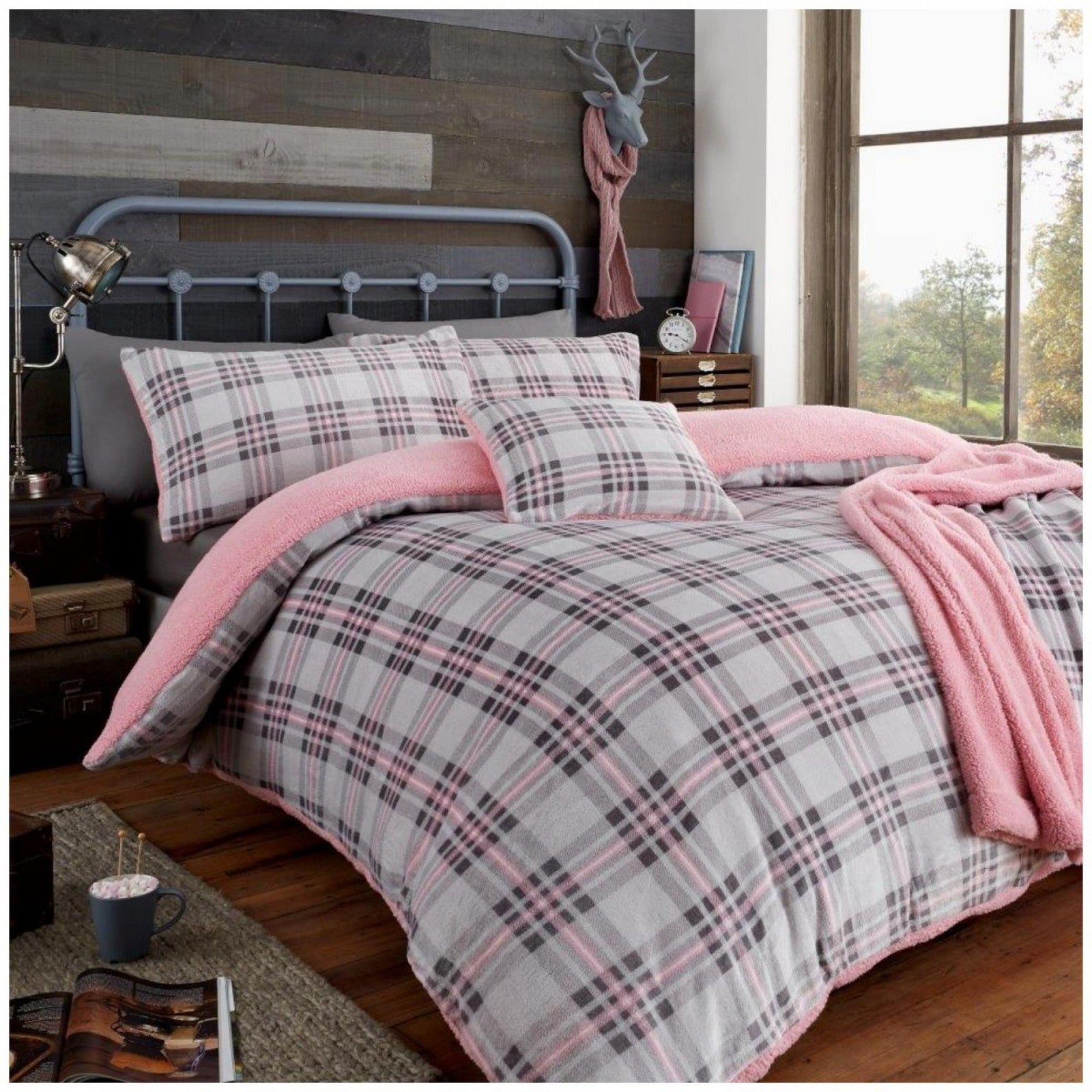 11369790 teddy duvet set highland check single grey pink 1 1