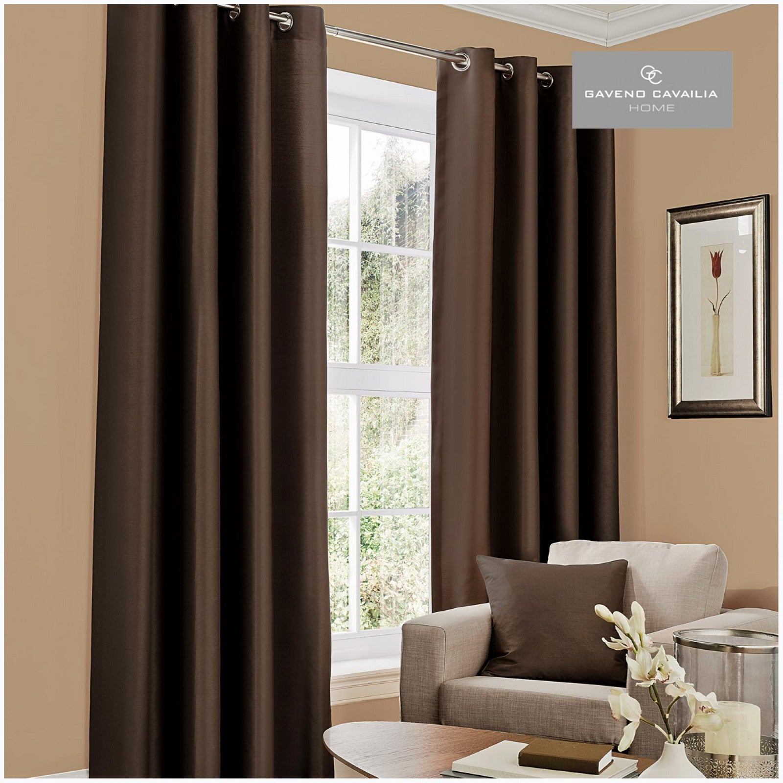 31069041 faux silk eyelet curtains 66x90 brown 1 2